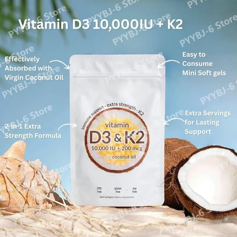 Vitamin D3 & K2 Supplement 10,000 IU Supports Overall Health & Bone Health Non-GMO Gluten Free 300 Softgels for Adult