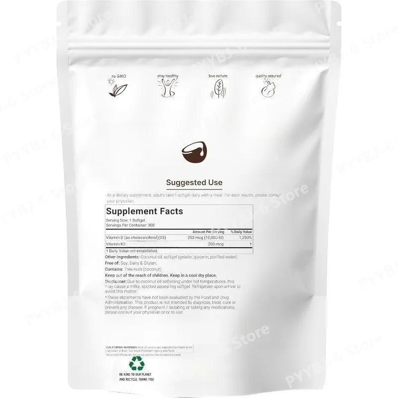 Vitamin D3 & K2 Supplement 10,000 IU Supports Overall Health & Bone Health Non-GMO Gluten Free 300 Softgels for Adult