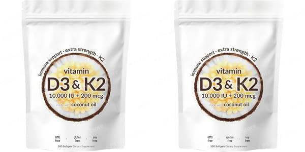 Vitamin D3 & K2 Supplement 10,000 IU Supports Overall Health & Bone Health Non-GMO Gluten Free 300 Softgels for Adult