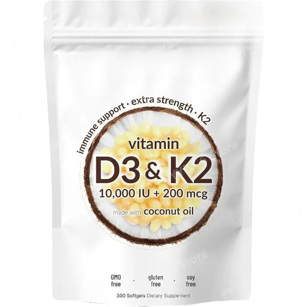 Vitamin D3 & K2 Supplement 10,000 IU Supports Overall Health & Bone Health Non-GMO Gluten Free 300 Softgels for Adult